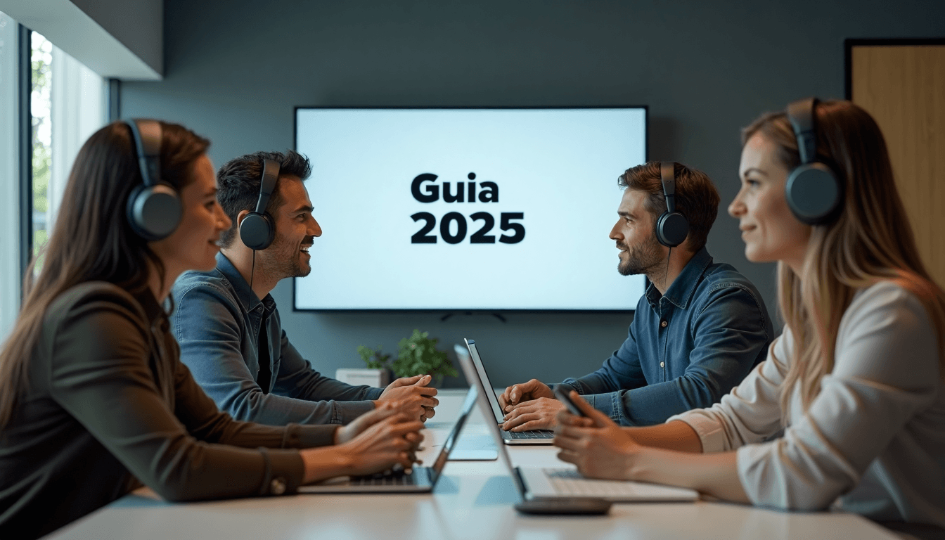 Oficina portuguesa moderna com pessoas usando auscultadores e auriculares