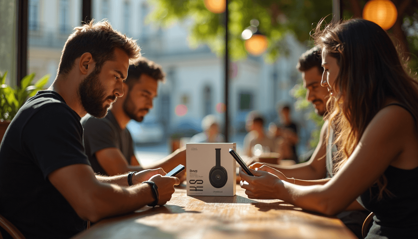 Clientes de café em Lisboa usando auscultadores e auriculares