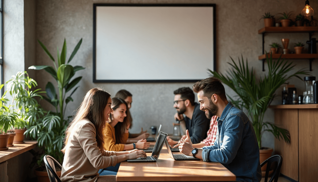 Portuguese professionals using technology in sunlit café