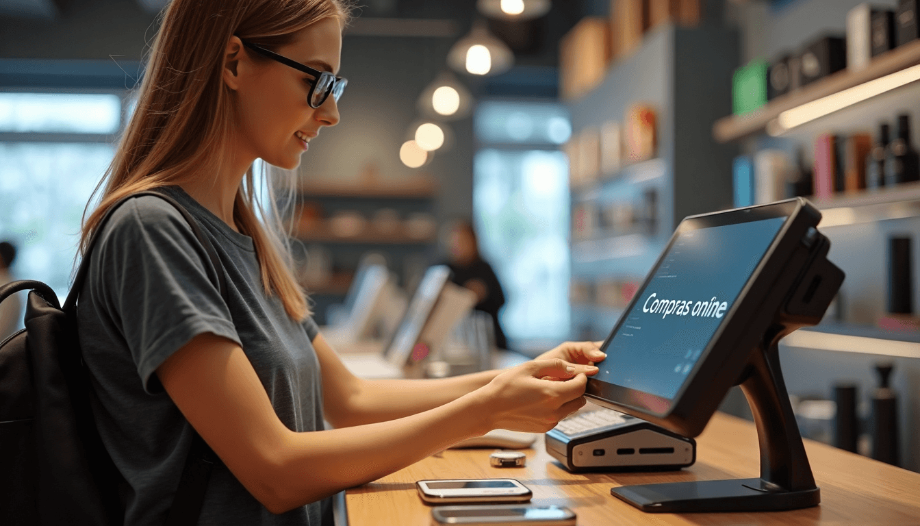 Woman buying smart accessories in tech store Portugal