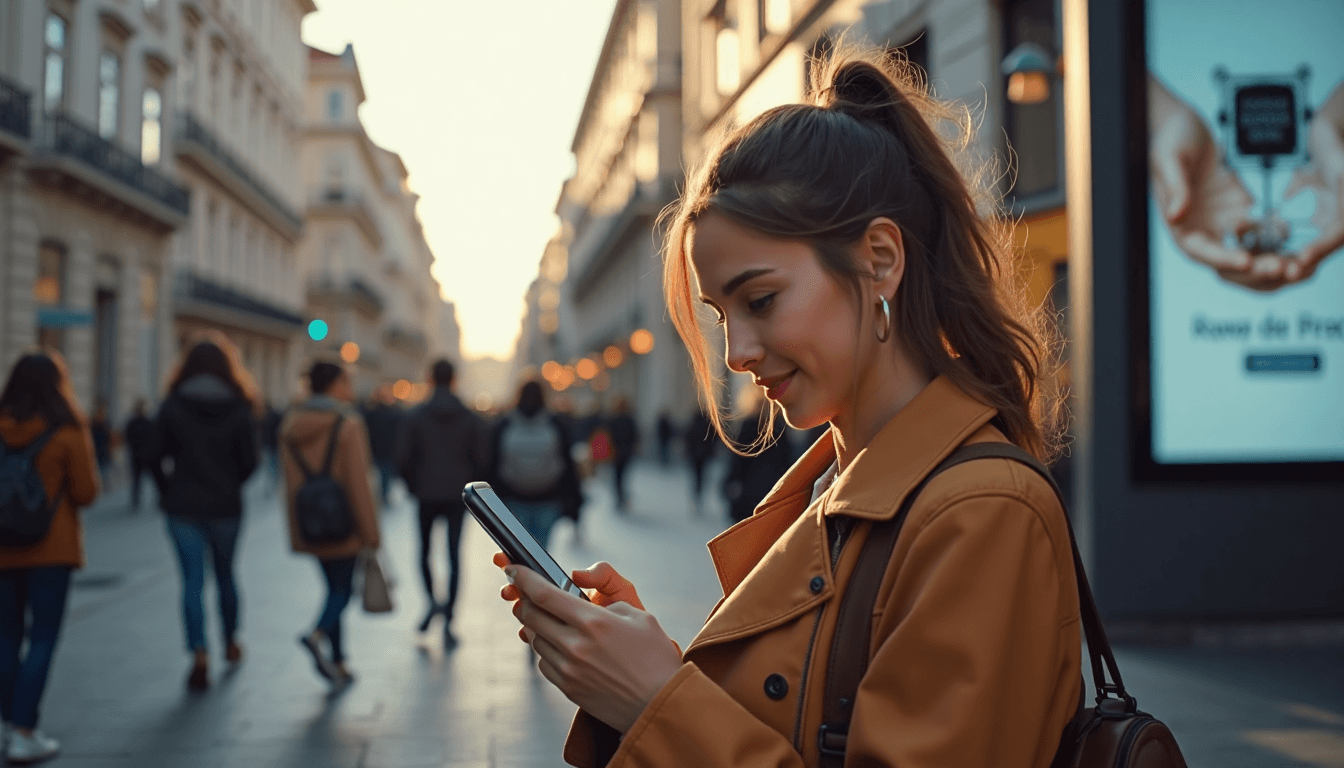 Mulher usando Gov.pt no smartphone em rua de Lisboa com outdoor digital ao fundo