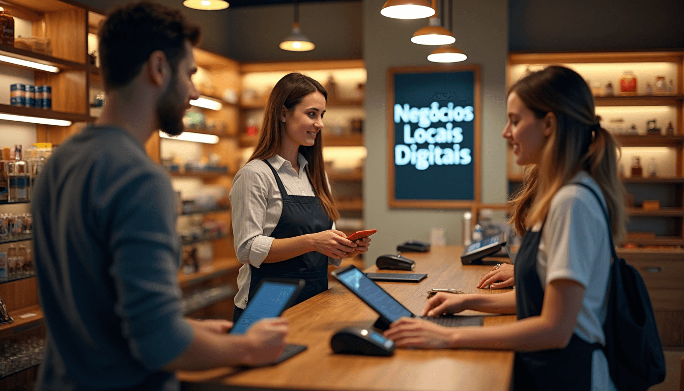 Atendentes e clientes usam tablets em loja local com quadro digital ao fundo