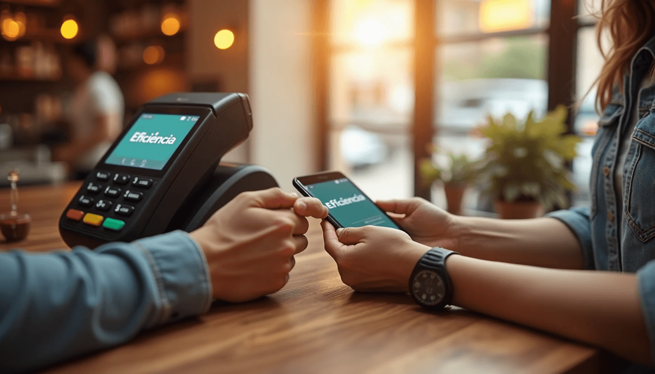 Customer using NFC for efficient payment in a busy café