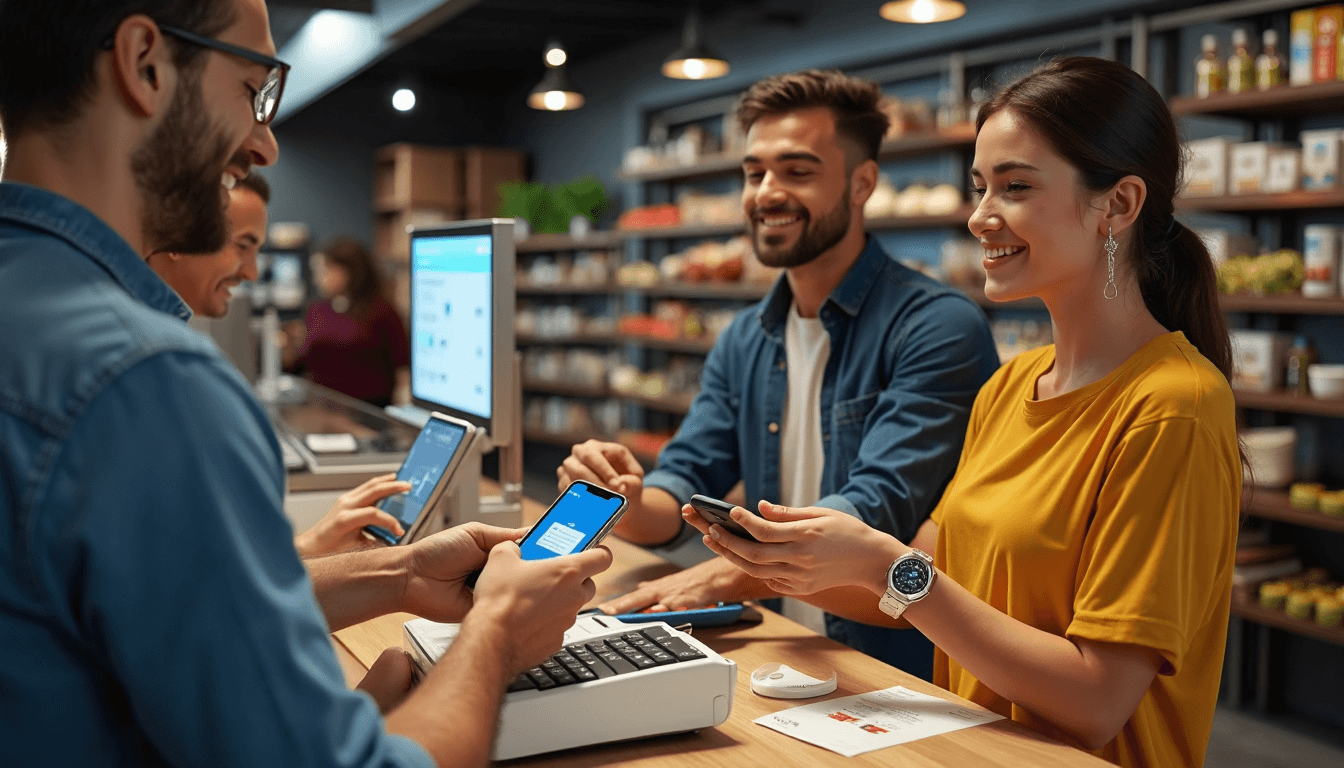 Shoppers using NFC for fast payments at retail checkout in Portugal