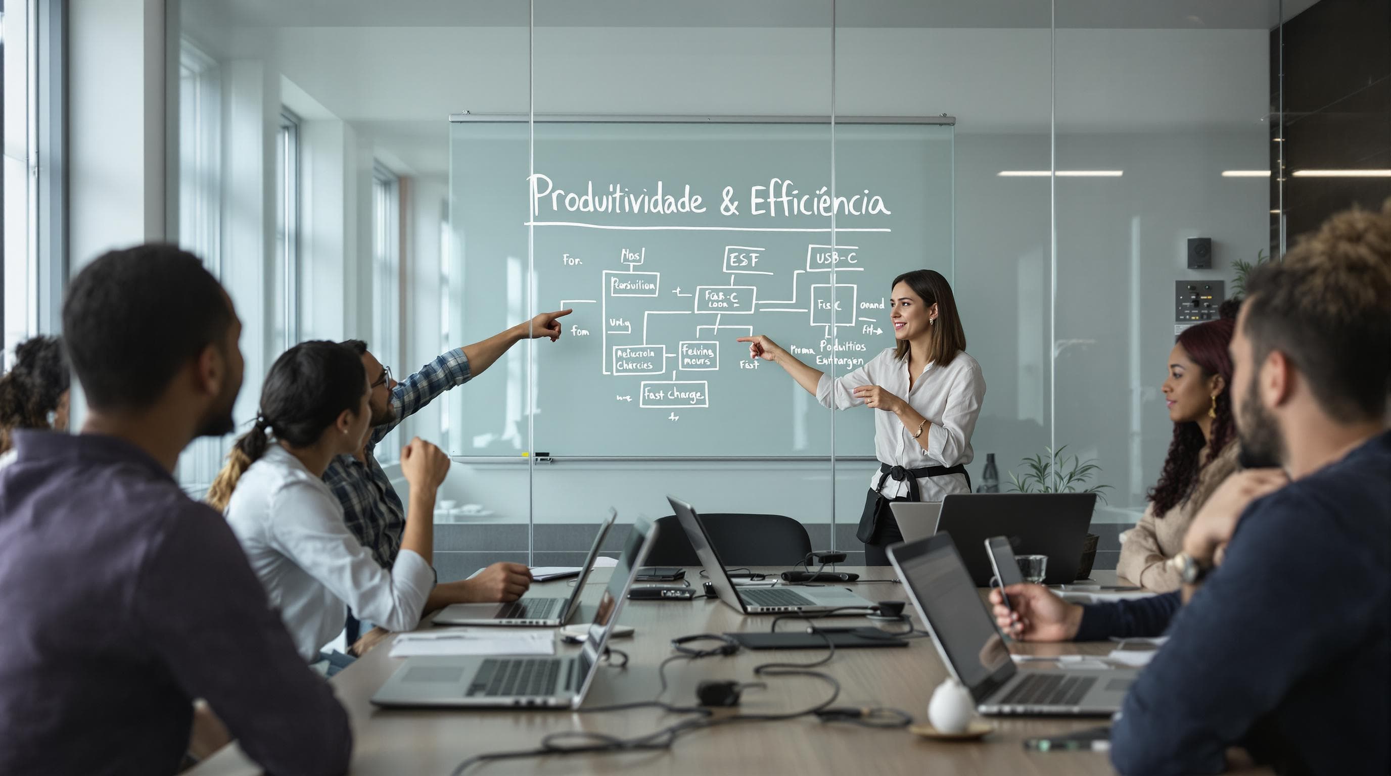 Business team using laptops connected by USB-C cables in meeting