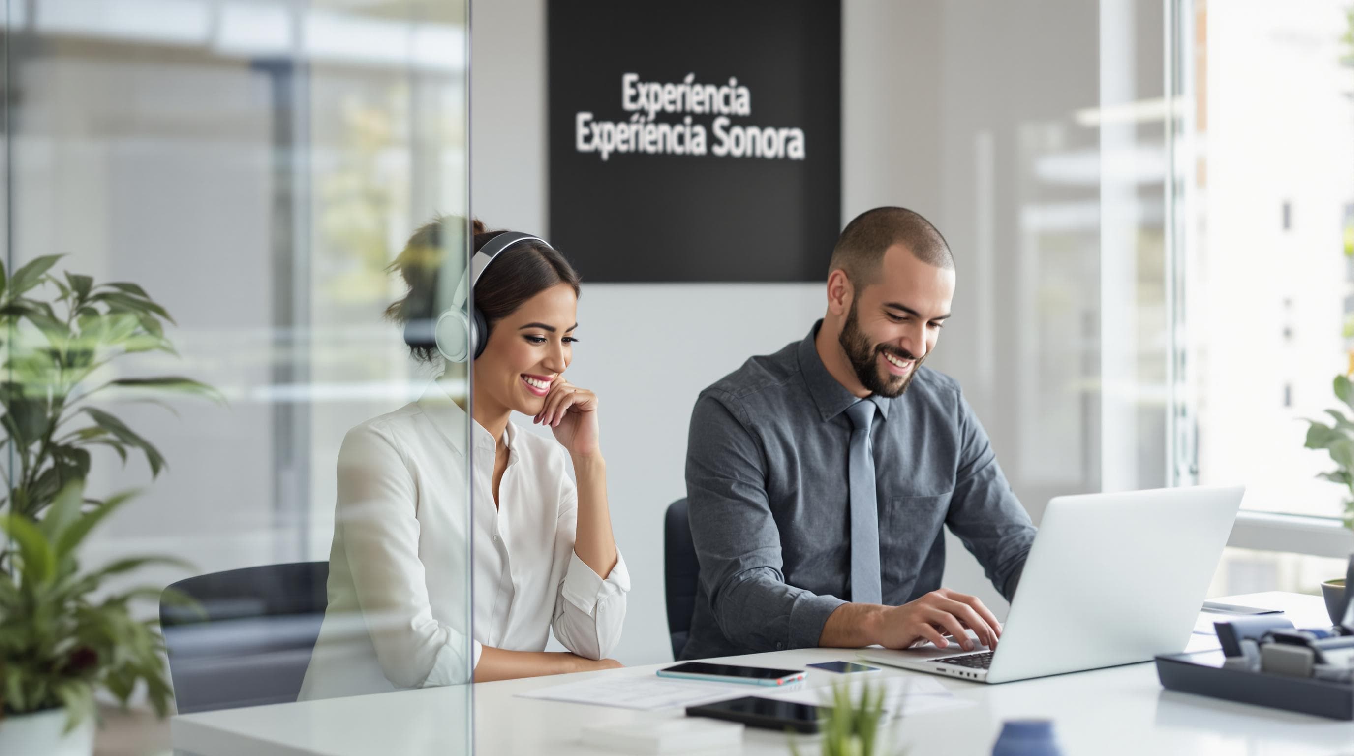Two professionals using wireless headphones in a modern office in Portugal