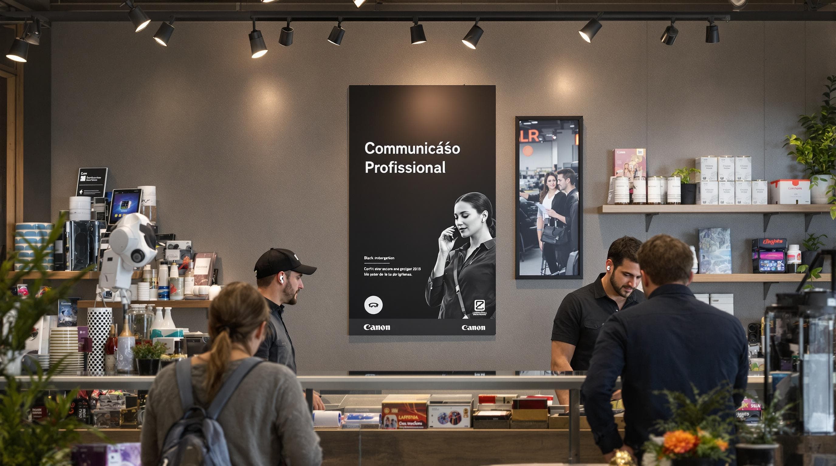 Retail staff using wireless earbuds and team communication poster visible