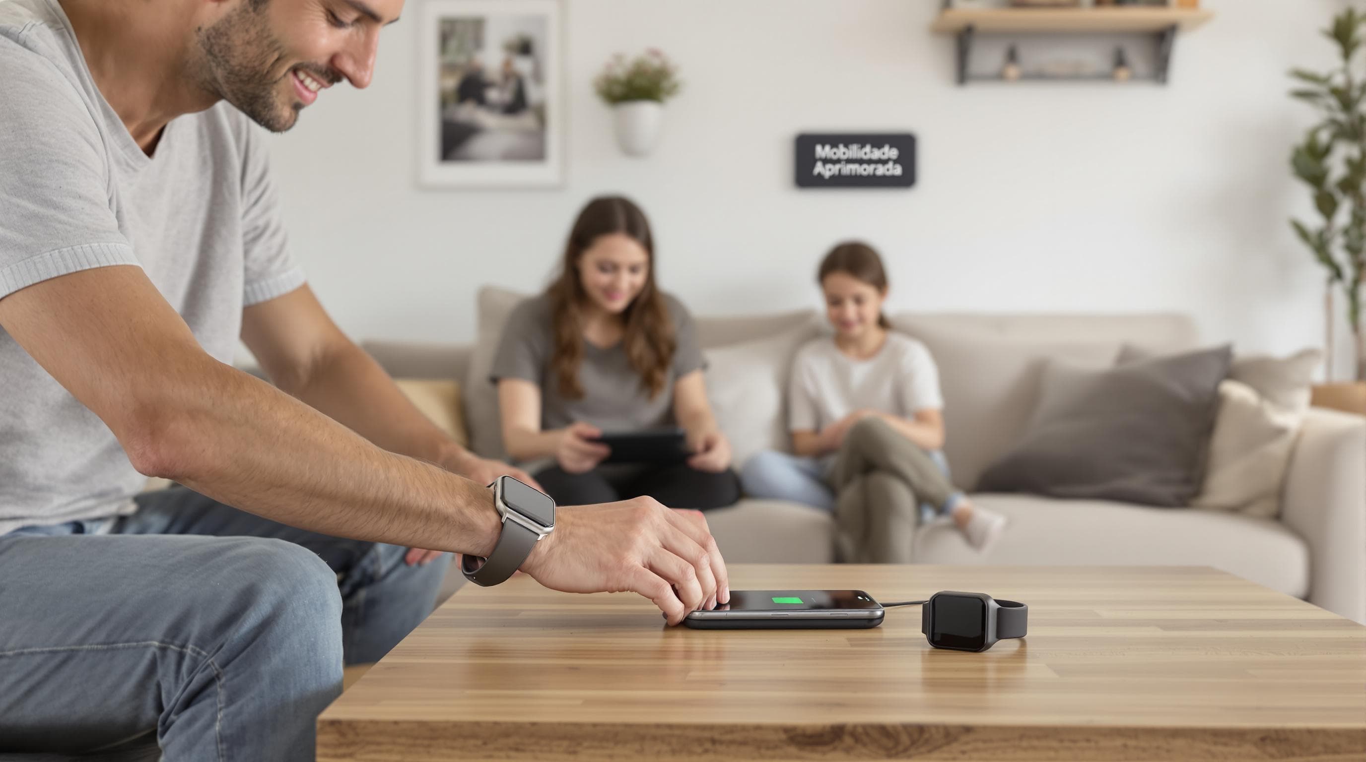 Family using wireless charging in a comfortable living room
