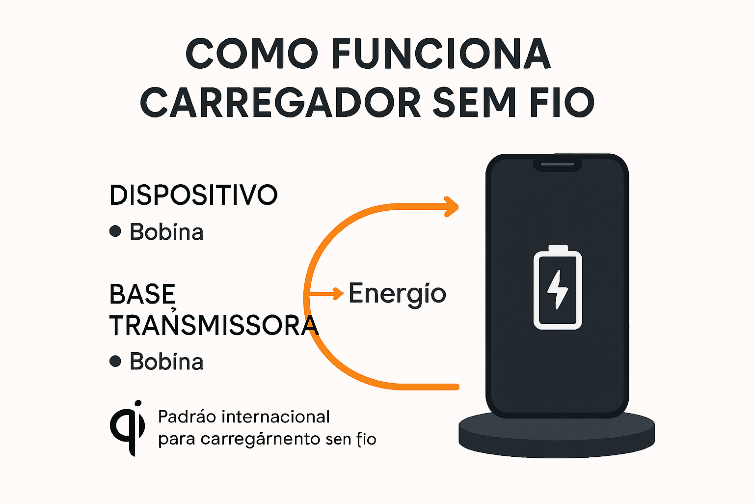 Fluxo visual do carregador sem fio e padrão Qi