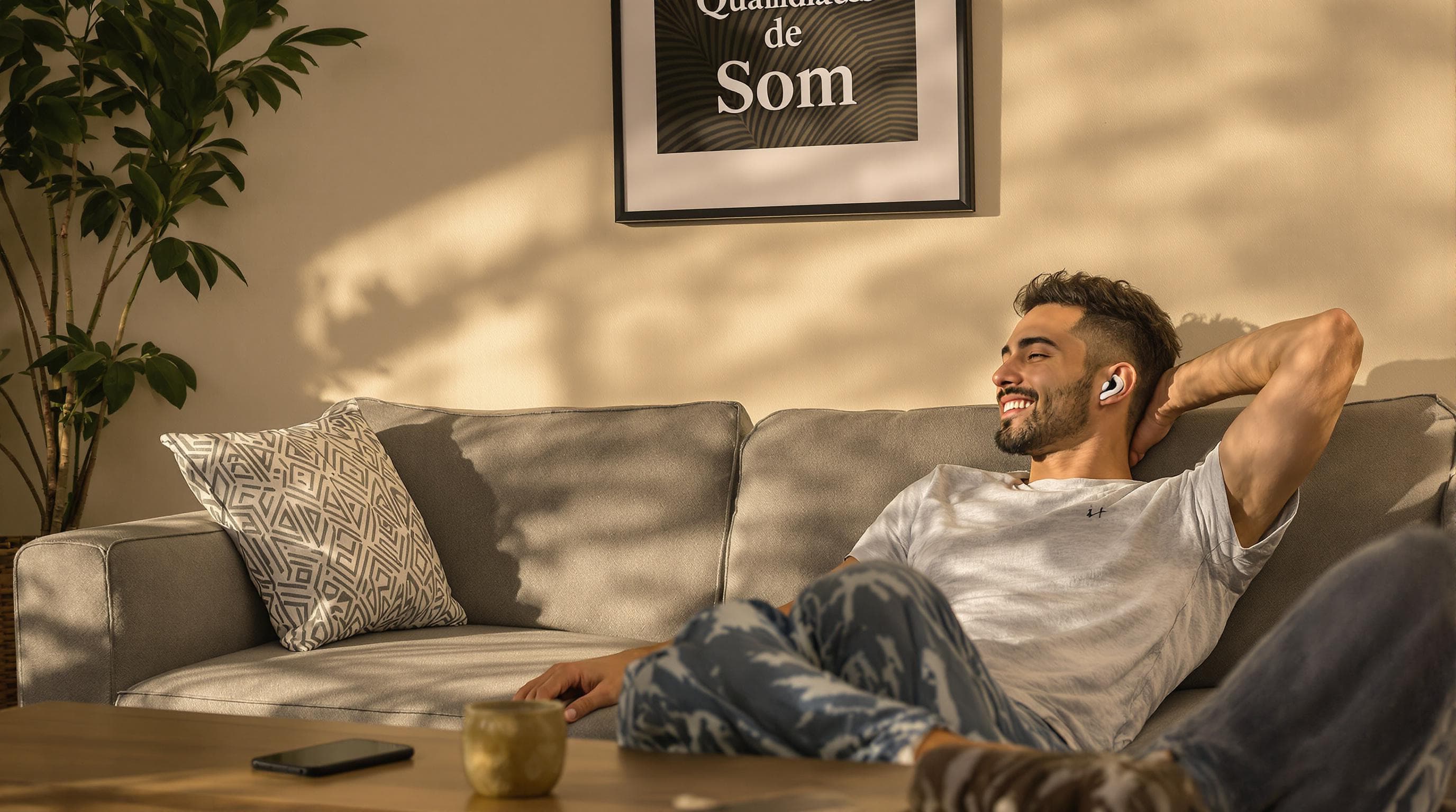Person enjoying music with TWS earbuds at home, sound quality focus