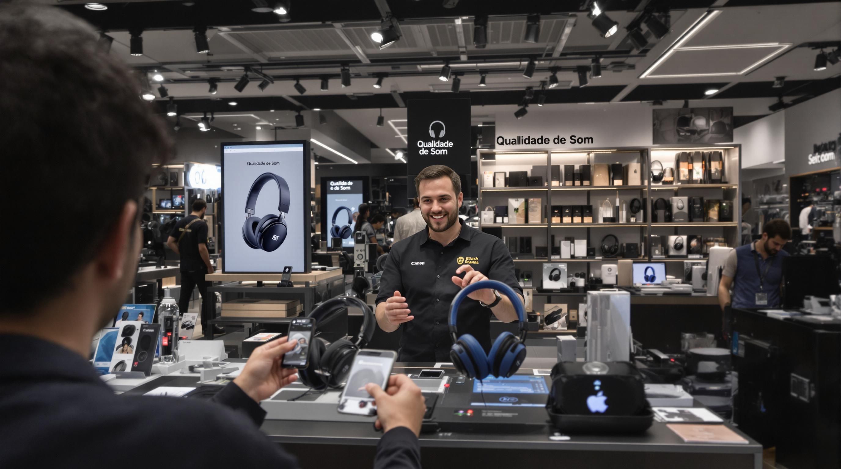Hands comparing wireless headphones and specs in Portuguese tech store