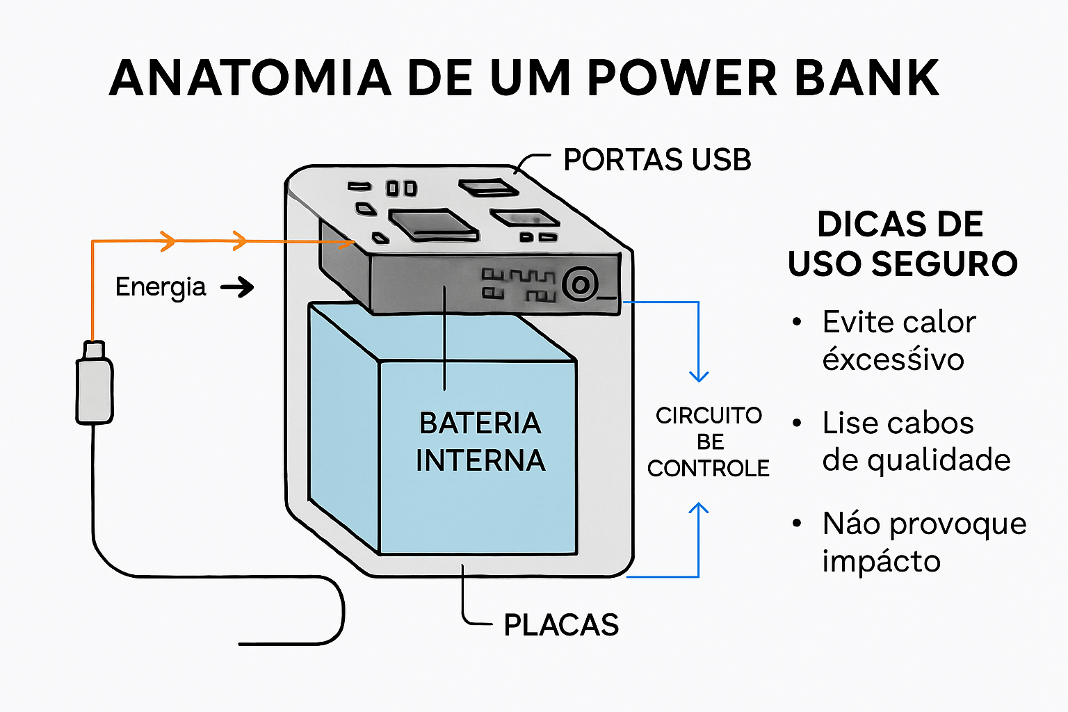 Infográfico destacando partes e funcionamento de um power bank