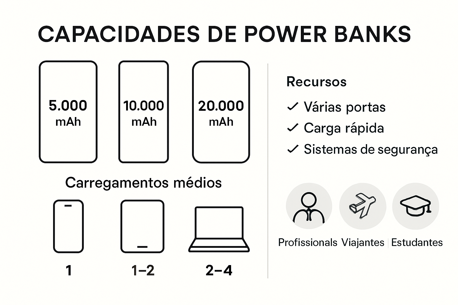 Infographic of power bank capacity, features and device recharge statistics