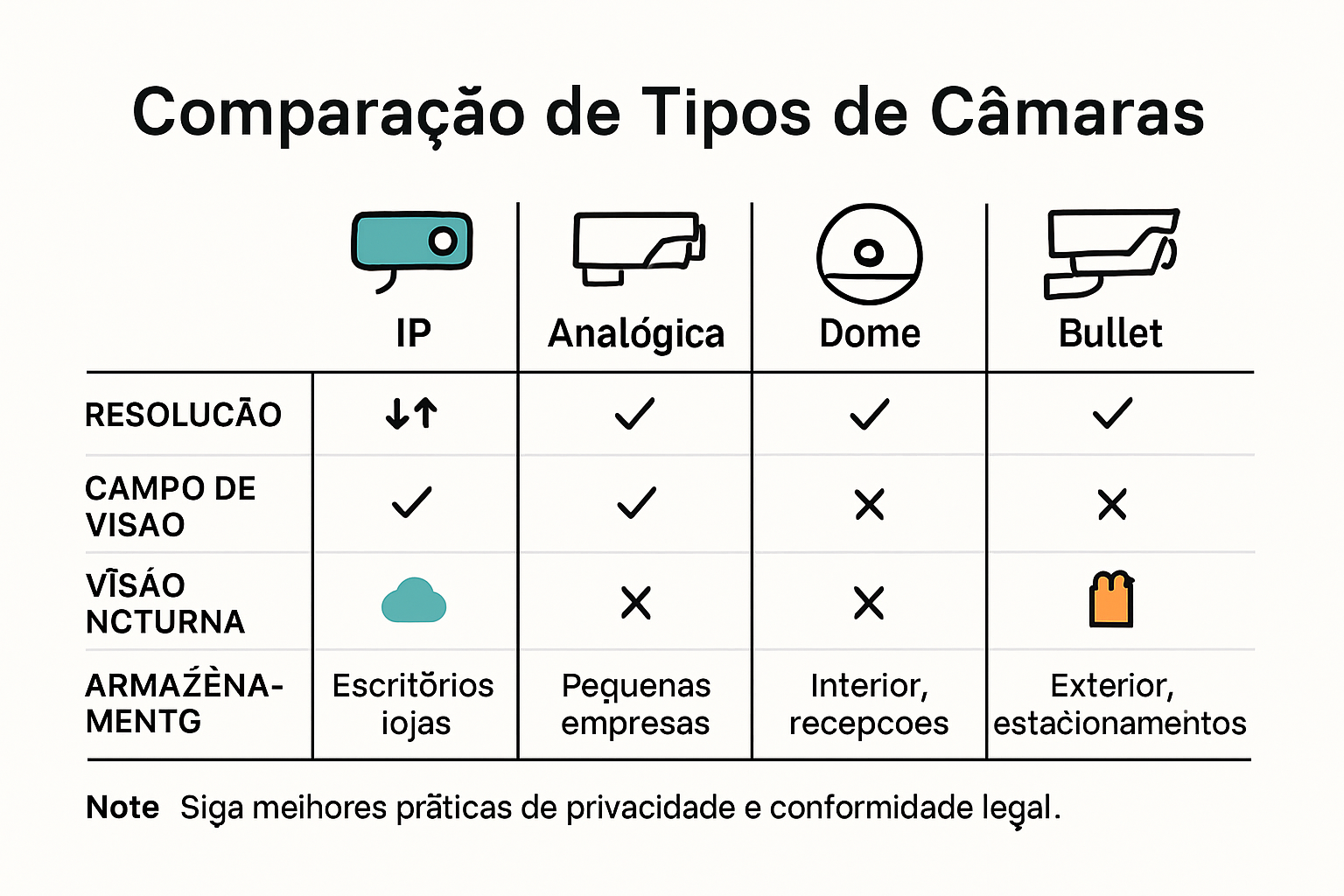 Infográfico comparando tipos de câmeras de segurança para lojas