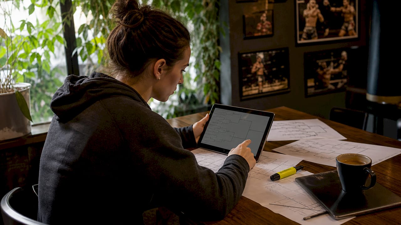 Woman analyzing kickboxing brackets at home office