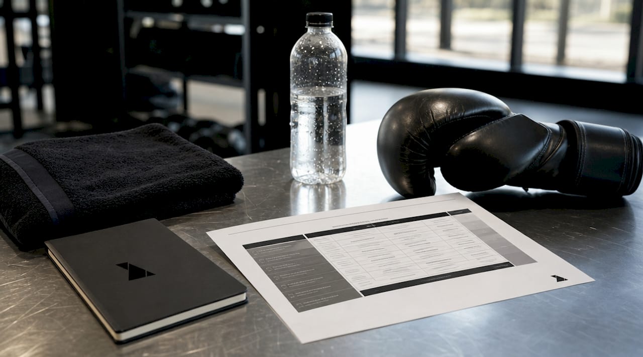 Top view of kickboxing weight divisions chart with equipment