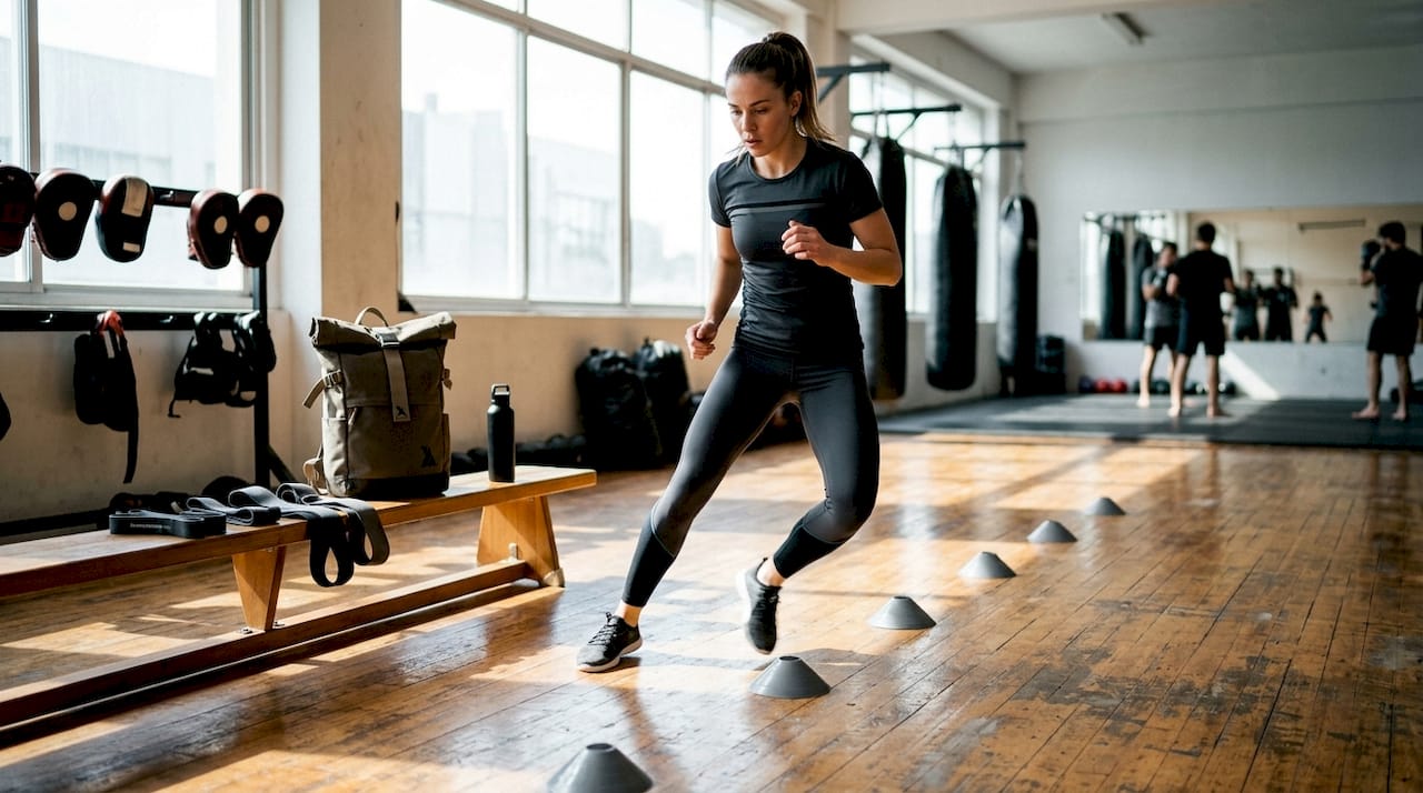 Female fighter training footwork drills
