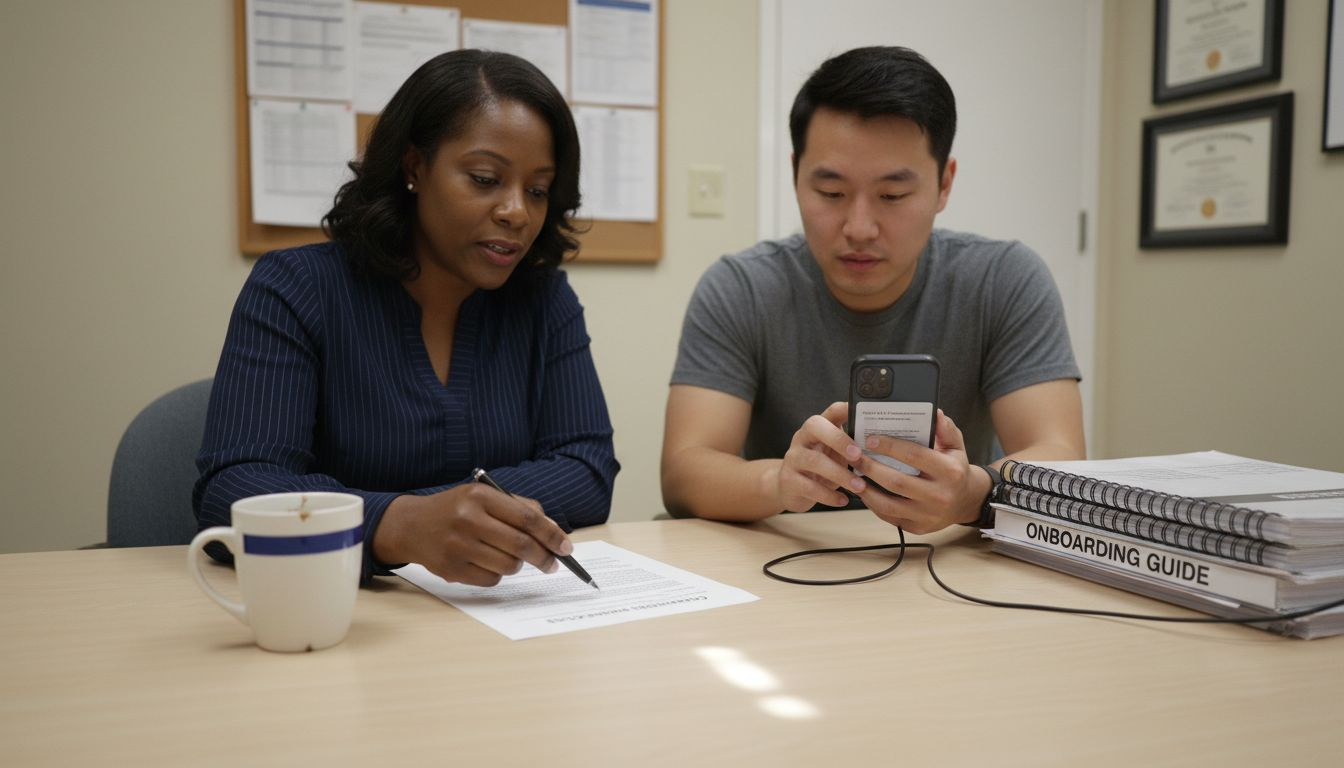 Coworkers comparing employment contracts in meeting