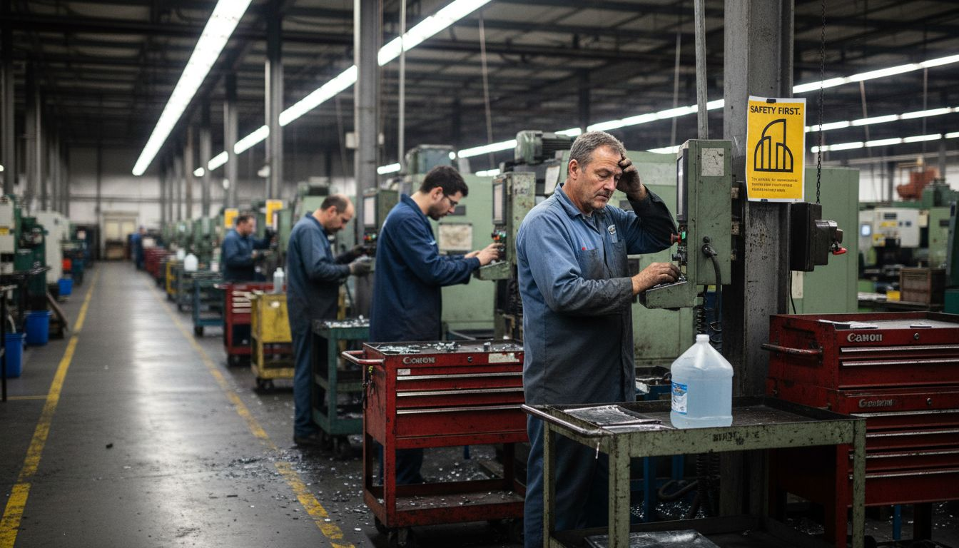 Diverse factory workers operating machines