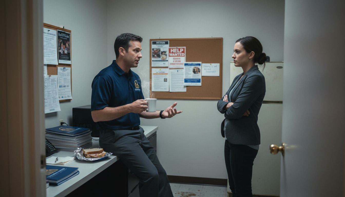 Supervisor and employee in small office break room