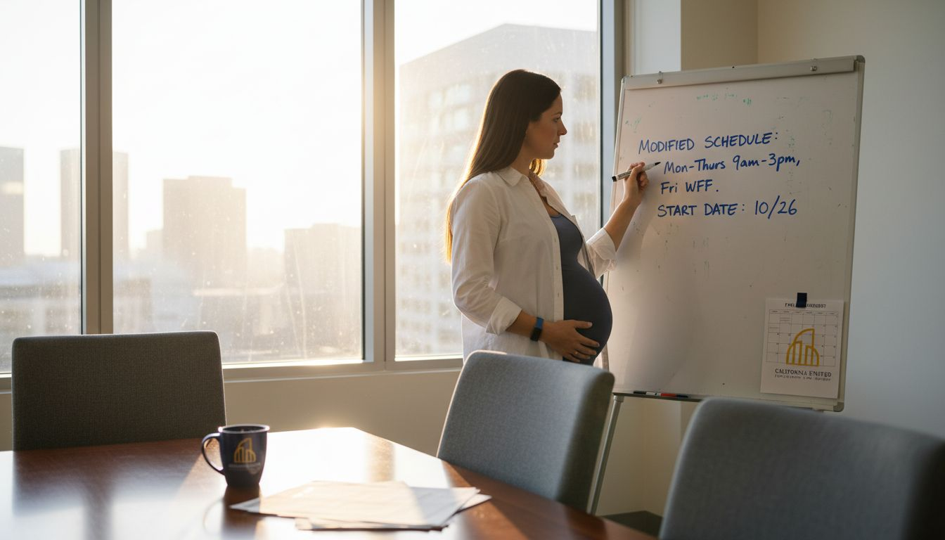 Pregnant worker marking reduced schedule on whiteboard