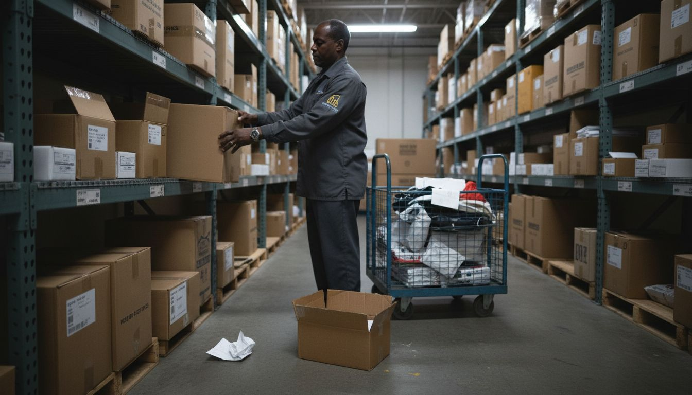 Warehouse worker sorting packages hospitality sector