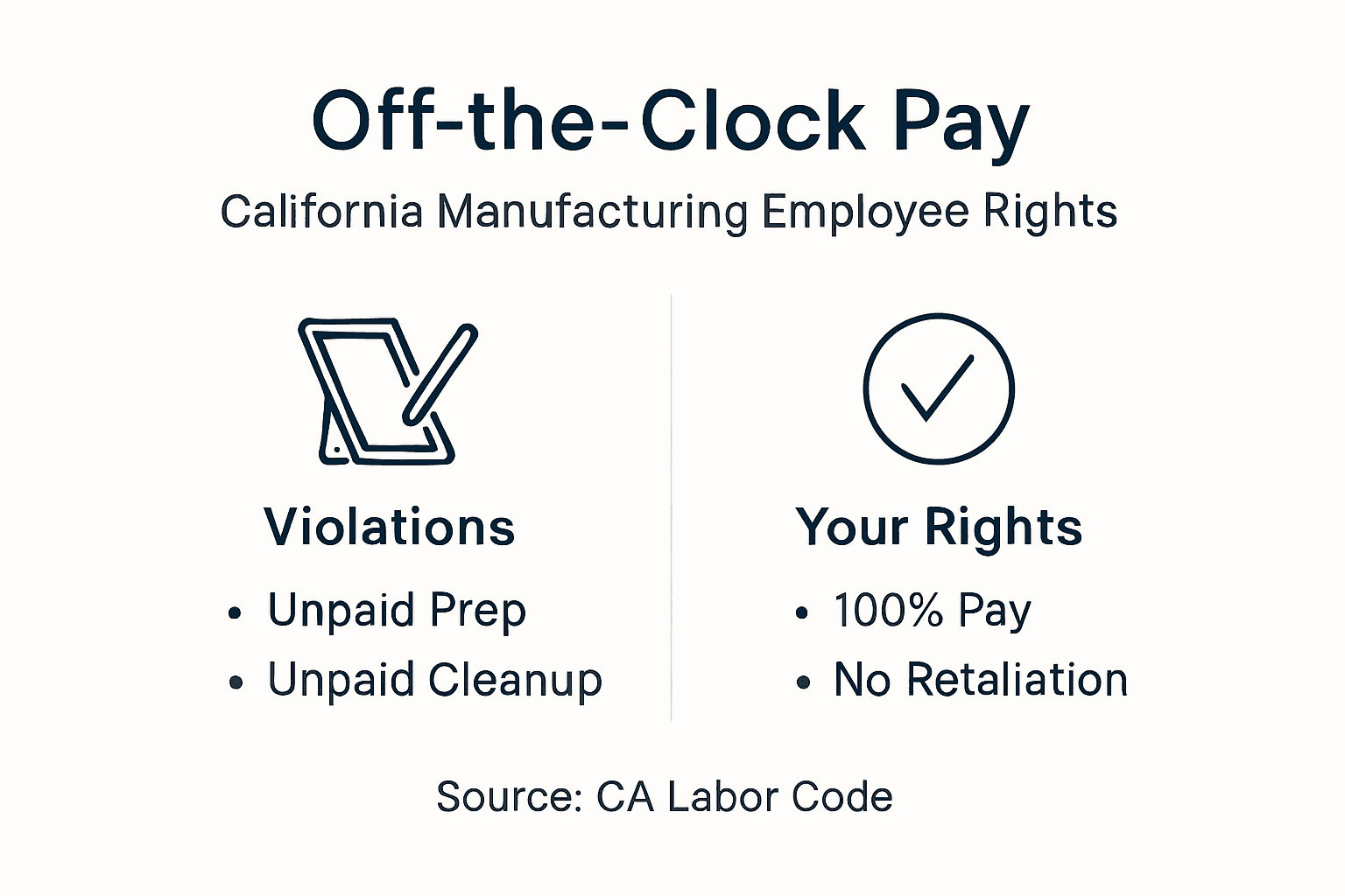 Infographic showing off-the-clock pay rules for California manufacturing