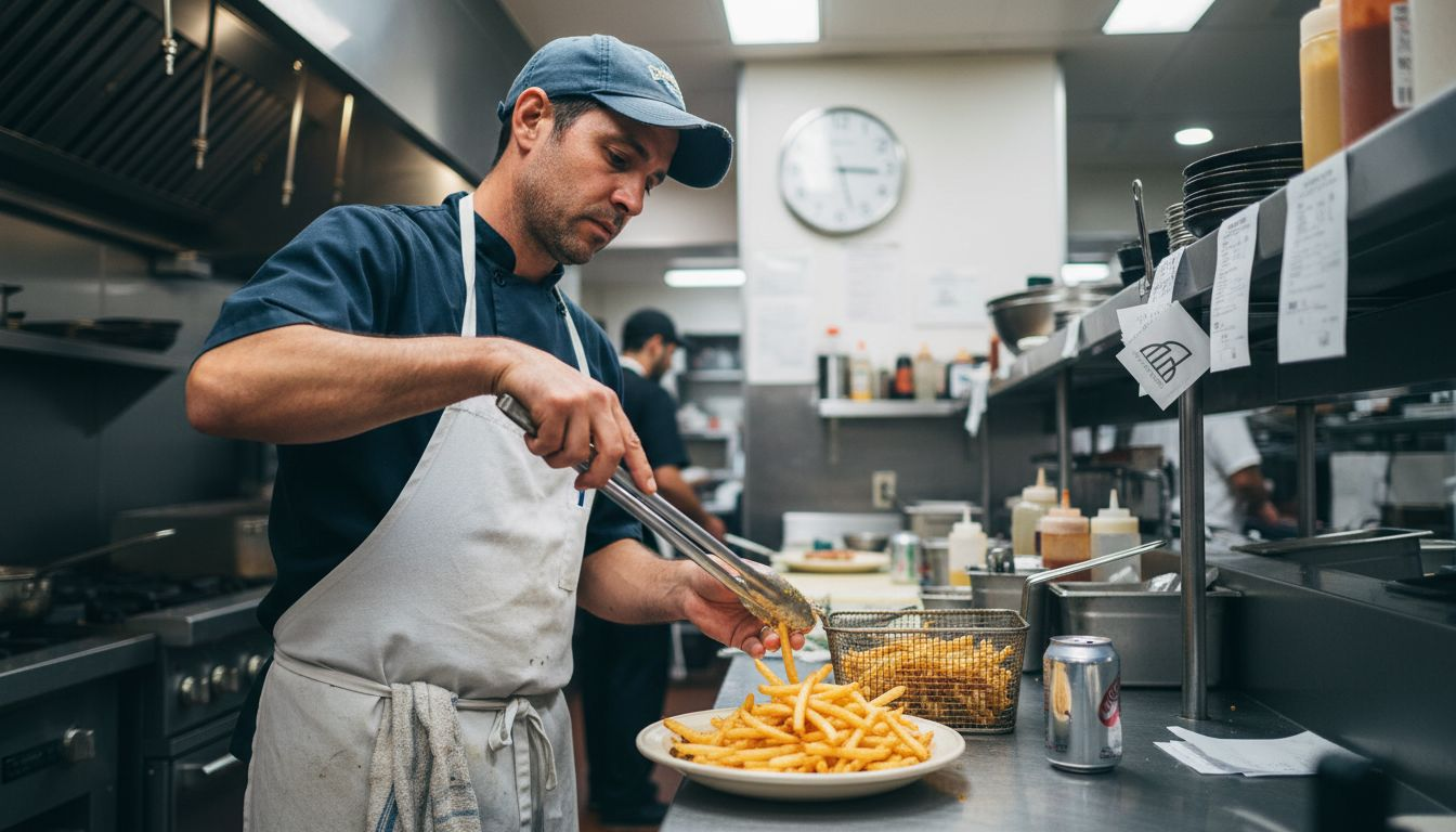 Line cook plates food overtime in busy kitchen
