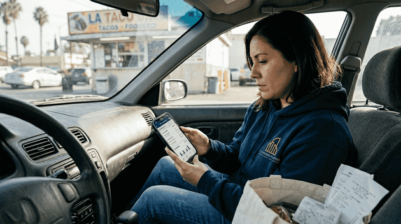 Driver reviewing earnings in parked car