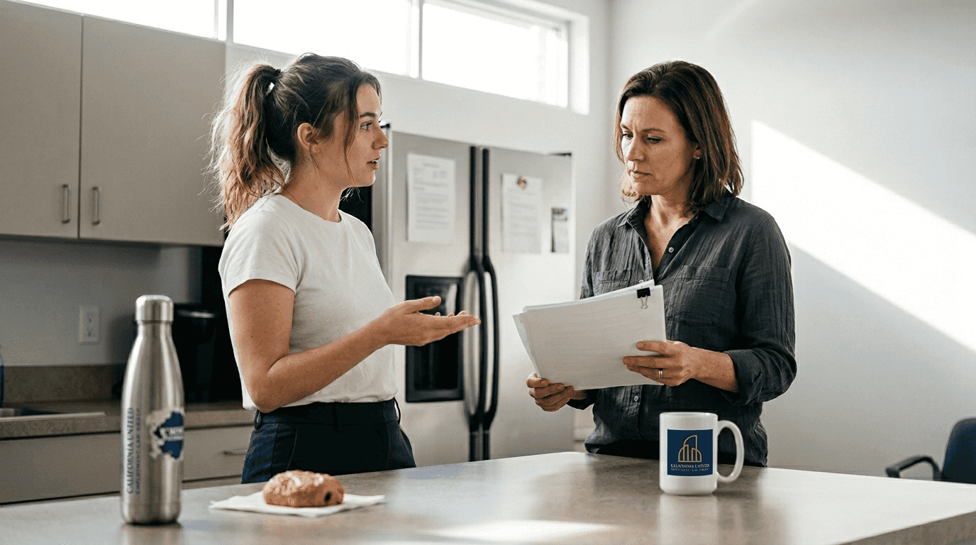 Co-workers discuss HR policy in breakroom