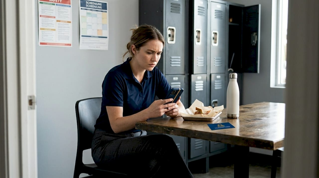 Employee alone looking worried in break room