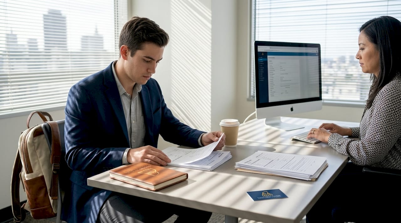 Worker and HR manager reviewing forms in office