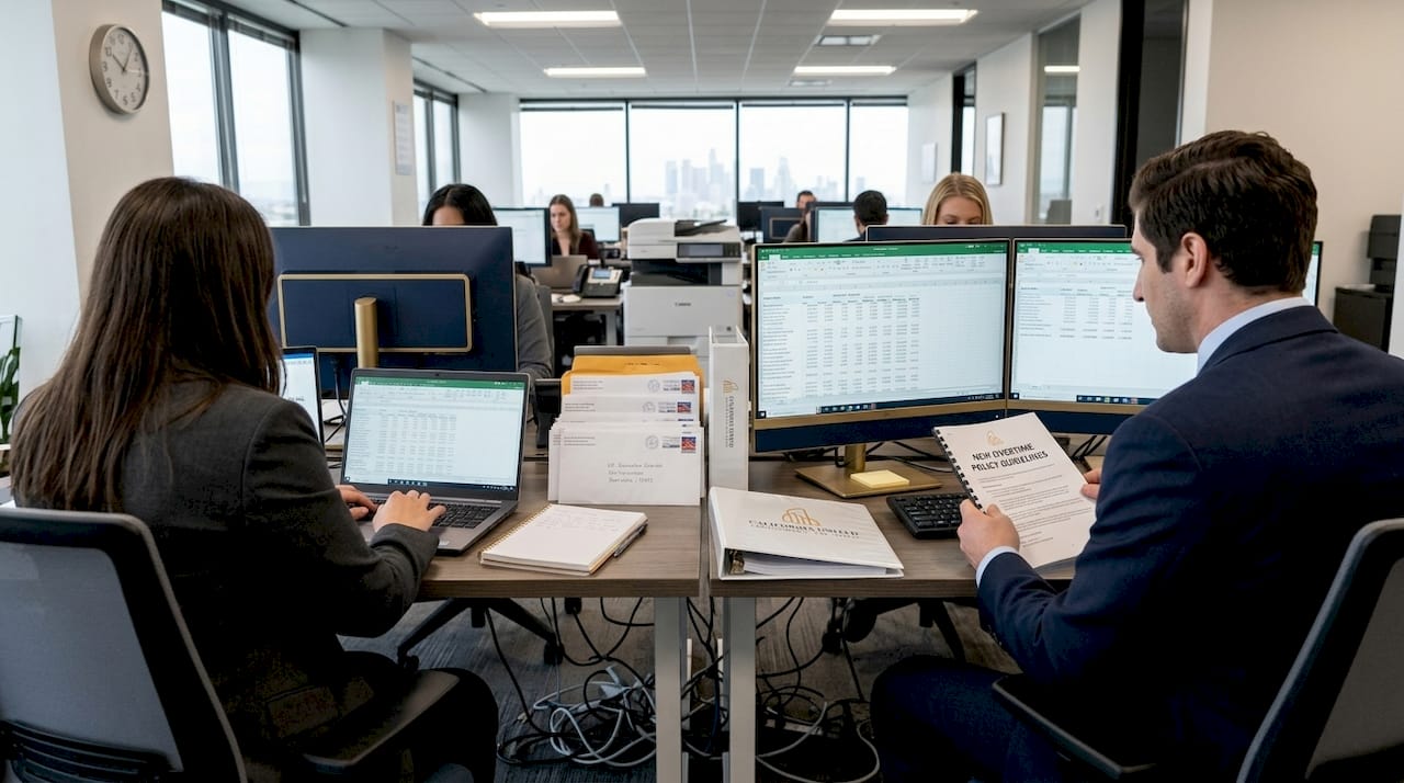 Payroll team updating overtime rules at desk