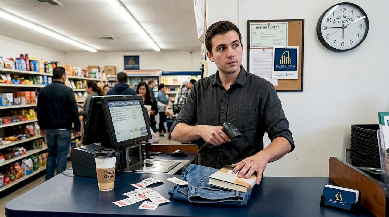 Retail worker handles busy checkout shift