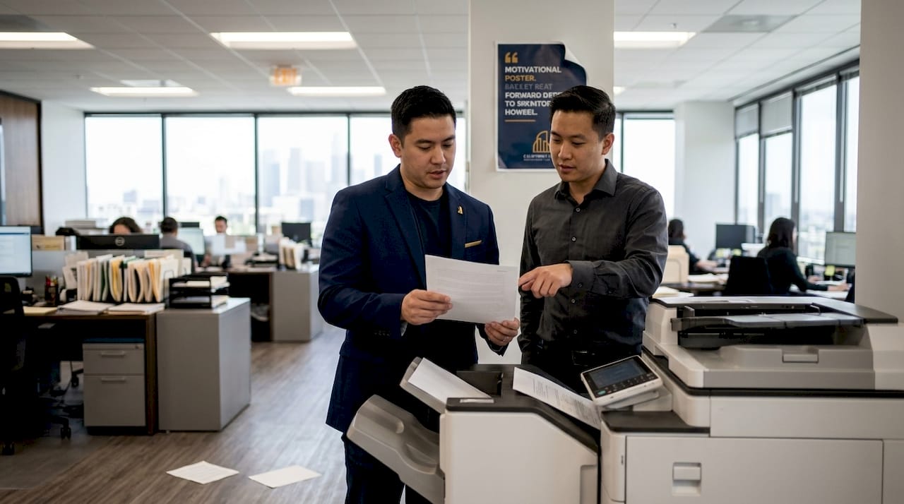 Coworkers discussing document near office copier