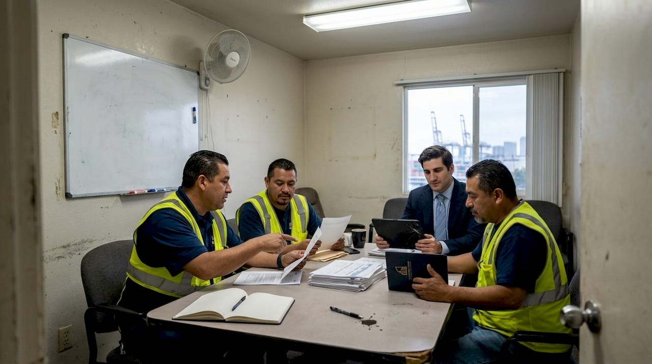 Workers meeting about port safety compliance
