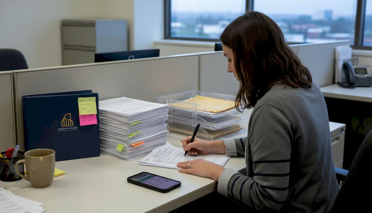 Employee reviews pregnancy leave documents in HR