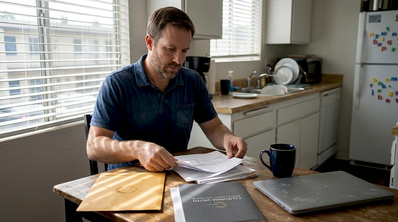 Employee sorting pay stubs at kitchen table