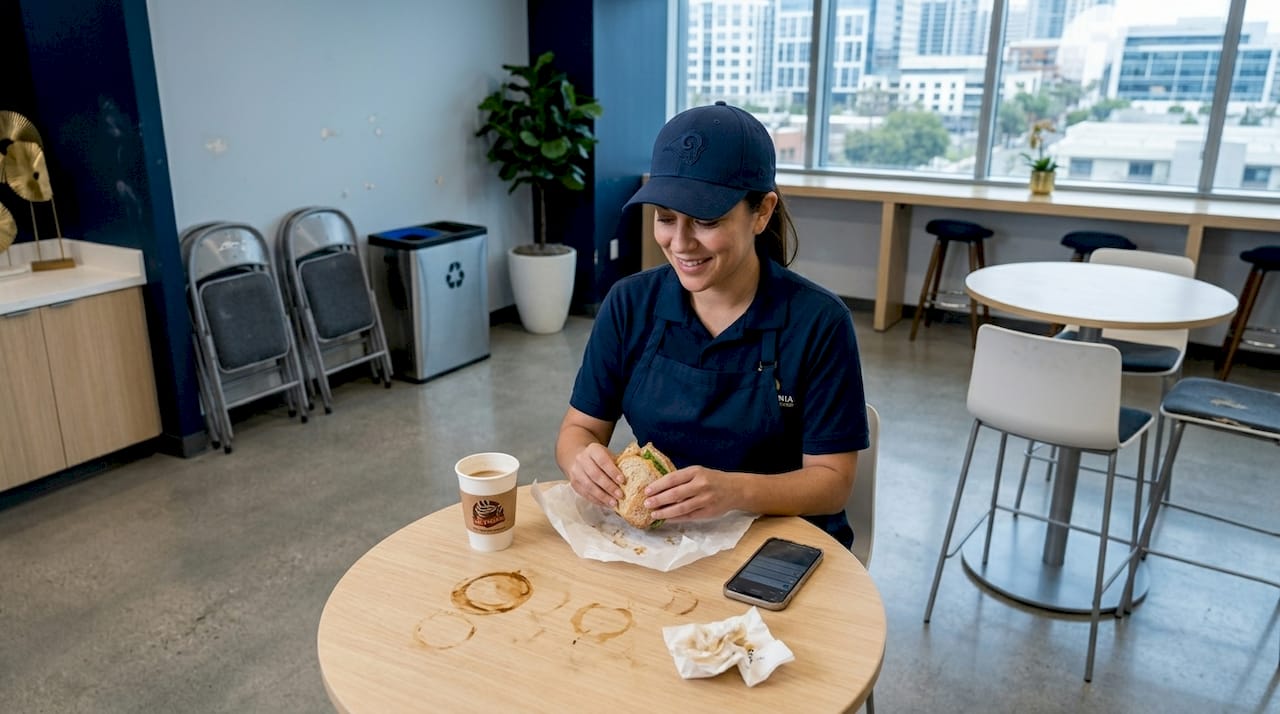 Concession worker on break in stadium staff room