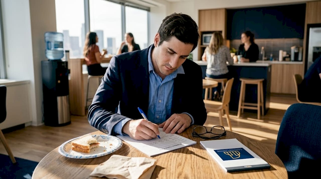 Employee filling overtime form in office breakroom