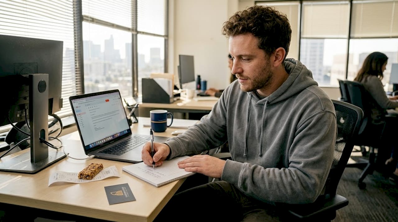 Worker taking notes at open-plan desk