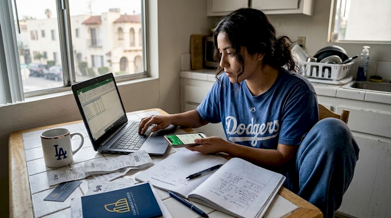 Uber driver tracking earnings at kitchen table