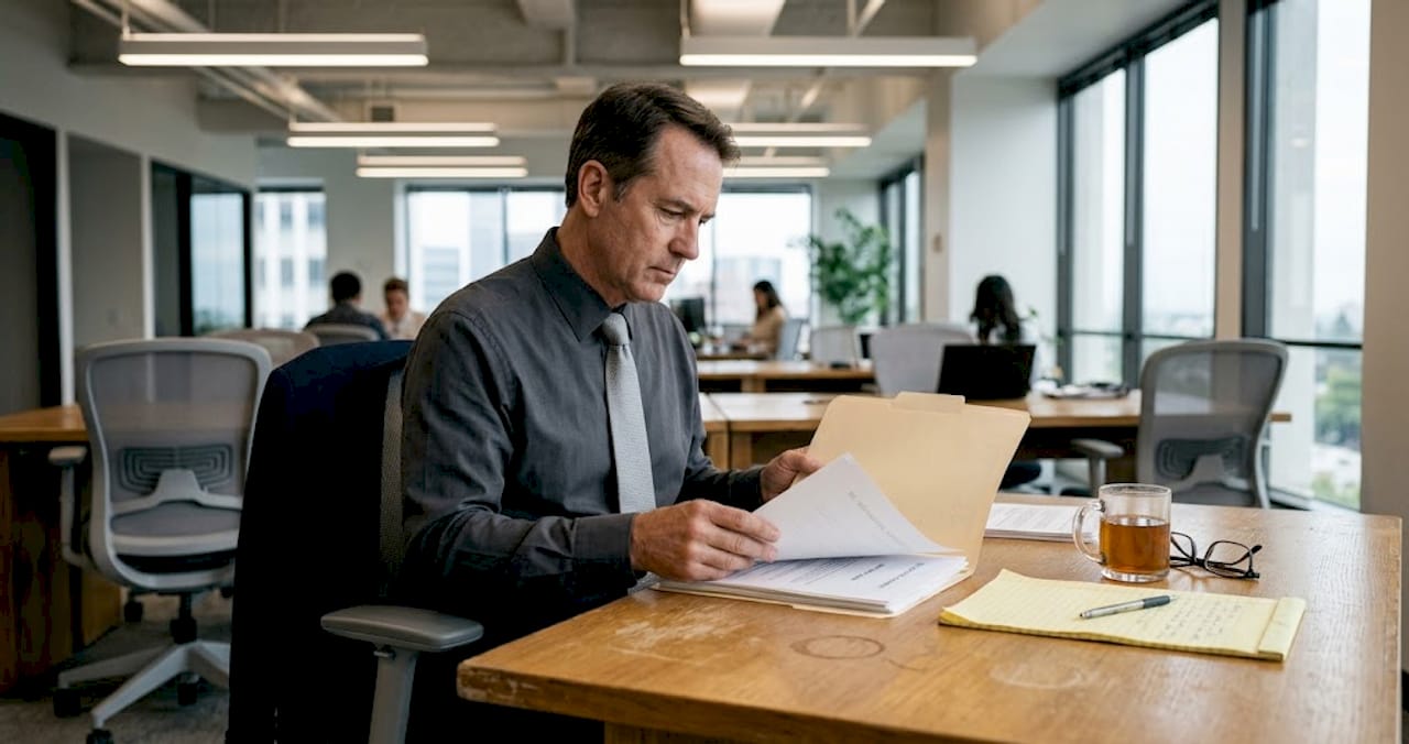 Older worker reviewing layoff documents at desk