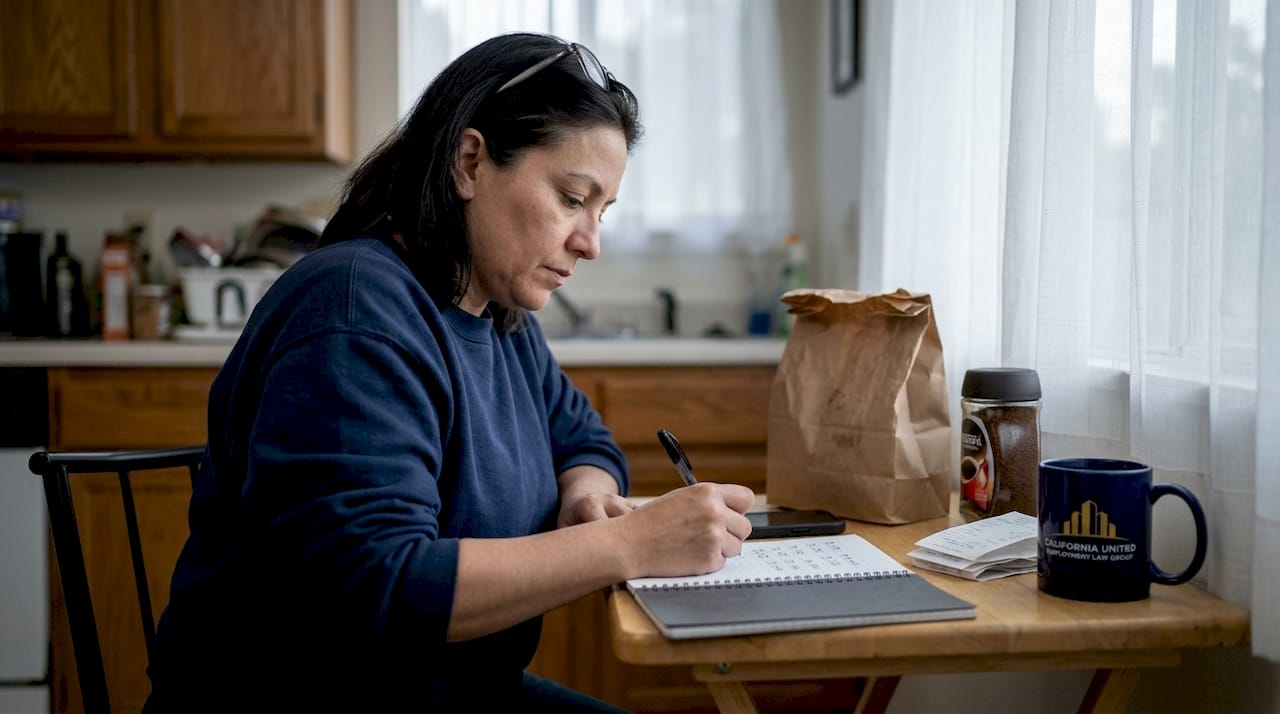 Warehouse employee logging hours at kitchen table