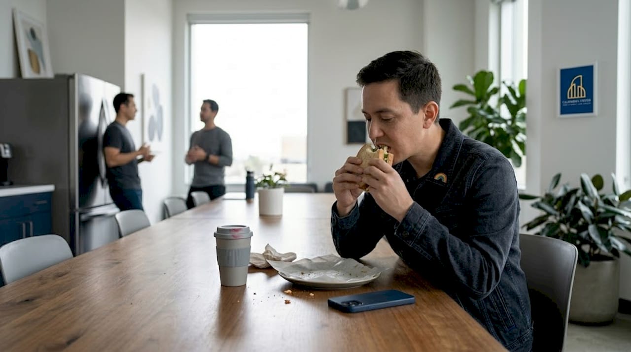 LGBTQ worker eating alone at breakroom table