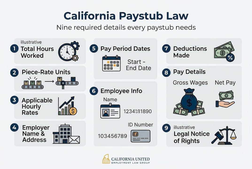 Infographic on California paystub law key details