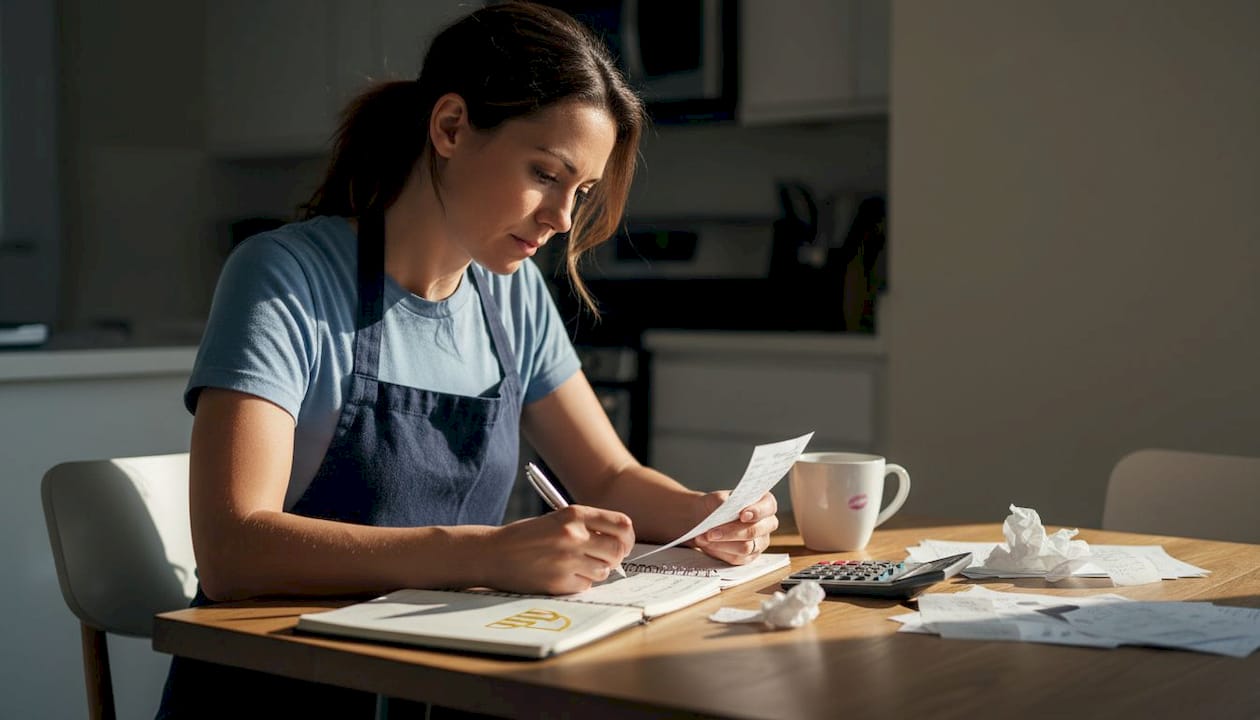 Restaurant worker reviewing paystub and calculations