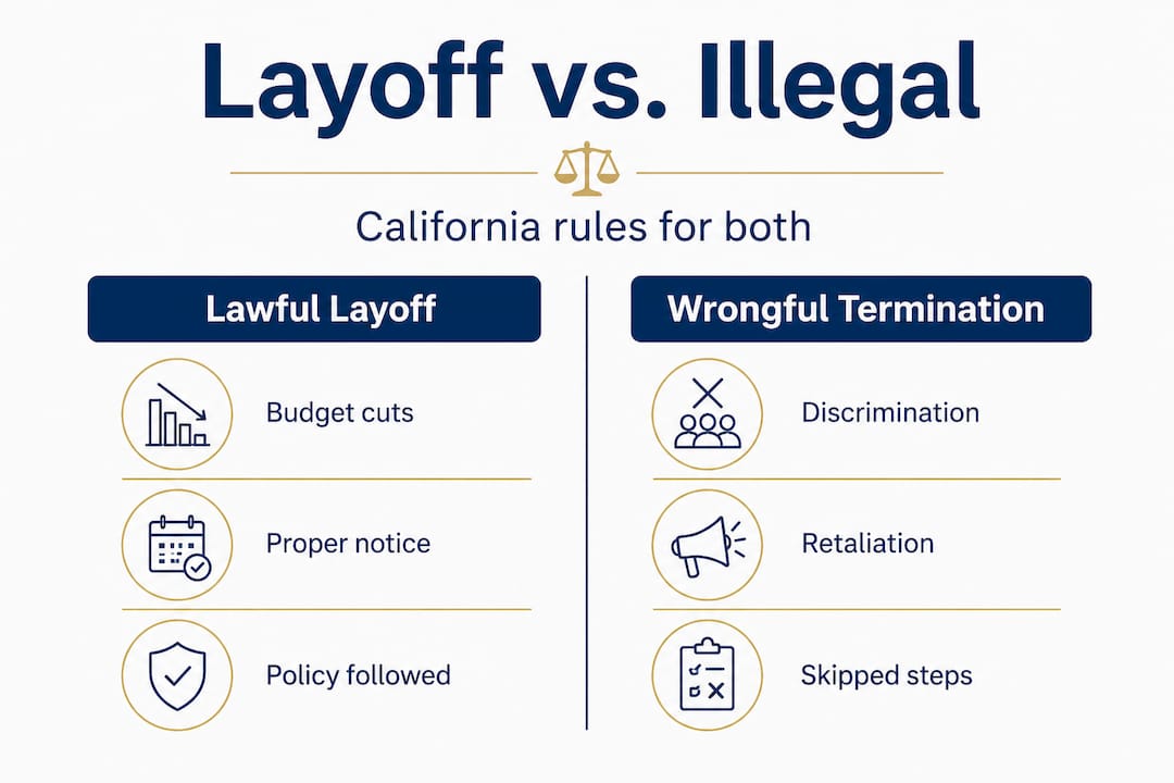 Infographic comparing lawful layoffs and wrongful terminations