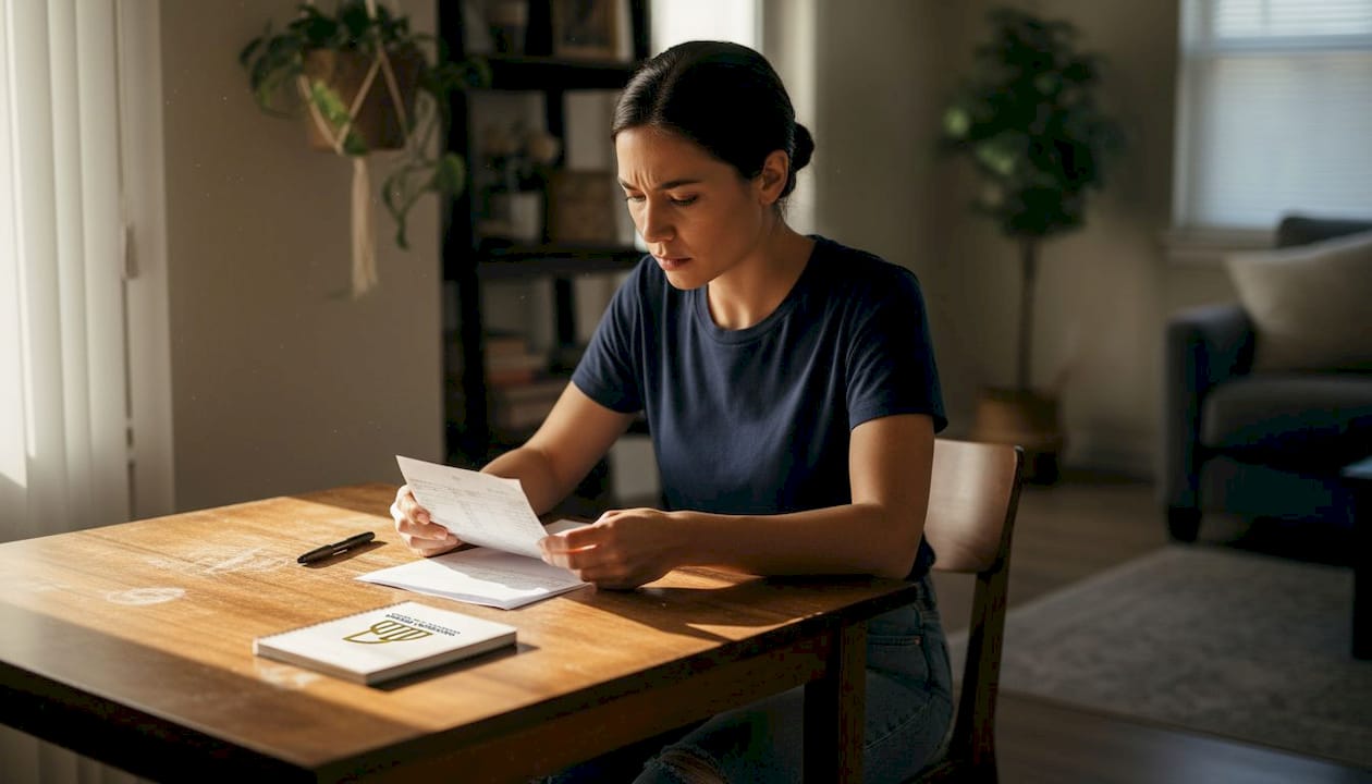 Woman reviewing paystub at home table