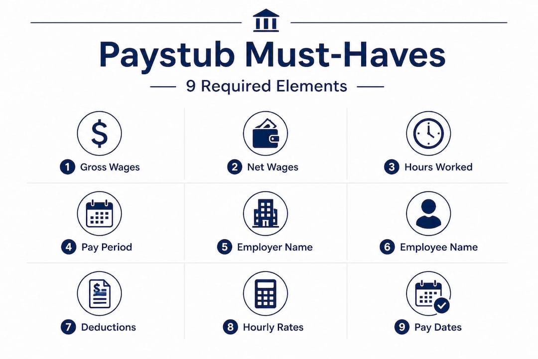 Infographic listing nine required paystub elements